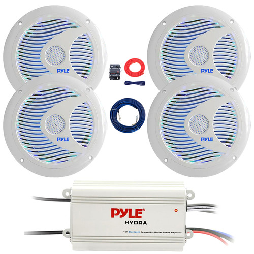 Two Pairs (Qty 4) of Pyle PLMR6LEW 6.5'' 150 Watt Max Power RGB LED Dual Cone White Marine Speakers, 4-Channel Waterproof Amplifier, 8 Gauge Amplifier Wiring Kit, 20-Feet 16 Gauge Speaker Wire