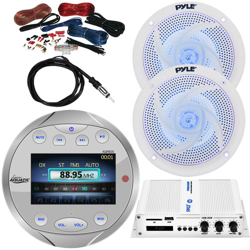 Lanzar Waterproof Bluetooth Marine Digital Media Receiver, 2 x 6.5'' 240W 2-Way White Audio Speakers w/ Blue LED Lighting, 2-Channel 200W RMS Amplifier w/ Wiring Kit, Radio Antenna