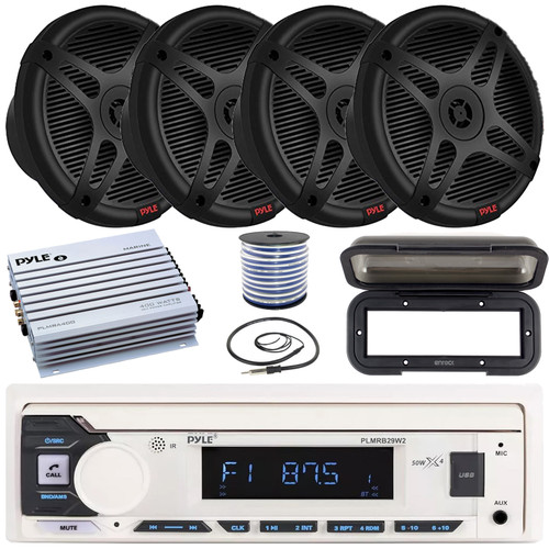 Pyle PLMRB29W2 Single DIN Marine Bluetooth USB/AUX MP3 Player AM/FM Radio Stereo Receiver w/Black Cover, 4x 6.5" 600W Max 2-Way Wireless RF Streaming Black Speakers, 4-Channel Amplifier, Antenna, Wire