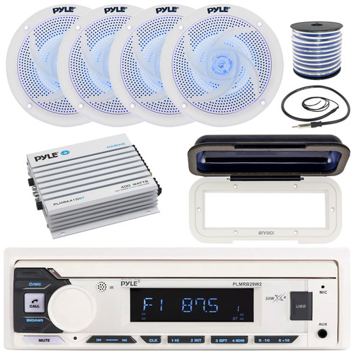 Pyle PLMRB29W2 Single DIN Marine Bluetooth USB/AUX MP3 Player AM/FM Radio Stereo Receiver w/White Cover, 4x 4" 100W Max Low Profile 2-Way Blue LED White Speakers, 4 Channel Amplifier, Antenna, Wire