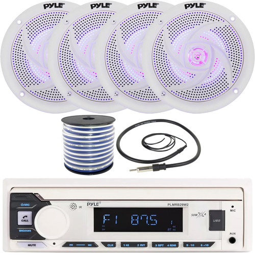 Pyle PLMRB29W2 Single DIN Marine Bluetooth USB/AUX MP3 Player AM/FM Radio Stereo Receiver, 4x 5.25" 180W Max 2-Way Waterproof Low Profile Slim Style Blue LED Speakers, Radio Antenna, Speaker Wire