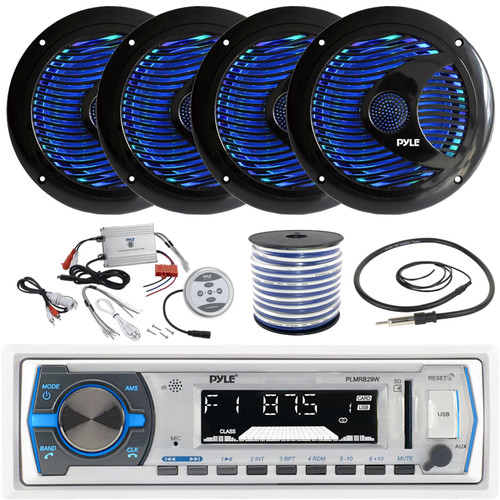 Pyle PLMRB29W Single DIN Marine Bluetooth USB/AUX MP3 Player AM/FM Radio In-Dash White Stereo Receiver, 4x 6.5'' 150W Max Power Dual Cone RGB LED Black Speakers, 2-Channel Amplifier, Antenna, Wire