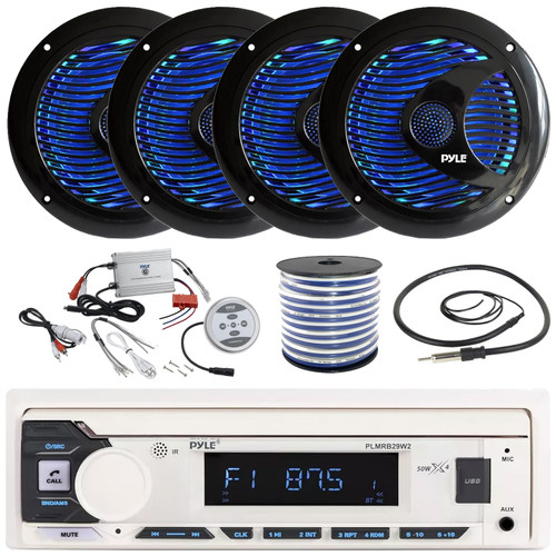 Pyle PLMRB29W2 Single DIN Marine Bluetooth USB/AUX MP3 Player AM/FM Radio Stereo Receiver, 4x 6.5" 150 Watt Max Dual Cone RGB LED Black Boat Speakers, 2-Channel Amplifier, Radio Antenna, Speaker Wire
