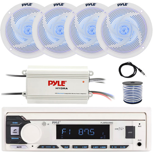 Pyle PLMRB29W2 Single DIN Marine Bluetooth USB/AUX MP3 Player AM/FM Radio Stereo Receiver, 4x 6" 240W Max Low Profile 2-Way Blue LED White Speakers, 4-Channel Amplifier, Radio Antenna, Speaker Wire