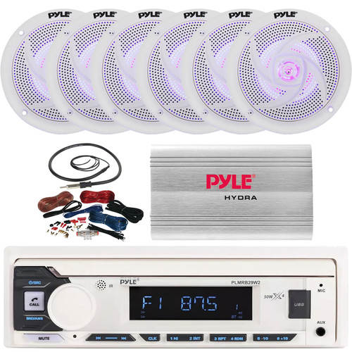 Pyle PLMRB29W2 Single DIN Marine Bluetooth USB/AUX MP3 Player AM/FM Radio Stereo Receiver, 6x 5.25" 180W Max 2-Way Low Profile Slim Style Blue LED White Speakers, 4-Channel Amplifier W/Kit, Antenna