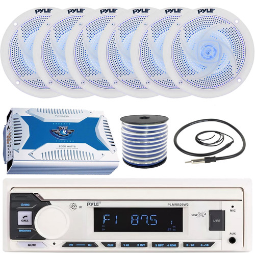 Pyle PLMRB29W2 Single DIN Marine Bluetooth USB/AUX MP3 Player AM/FM Radio Stereo Receiver, 6x 6" 240W Max Low Profile 2-Way Blue LED White Speakers, 6 Channel Amplifier, Radio Antenna, Speaker Wire
