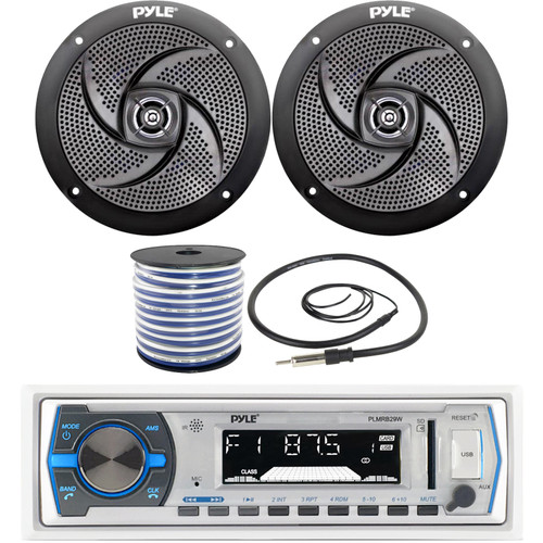 Pyle PLMRB29W Single DIN Marine Bluetooth USB/AUX MP3 Player AM/FM Radio In-Dash White Stereo Receiver, 2x 4" 100W Max Low Profile 2-Way Waterproof Black Boat Speakers, Speaker Wire, Radio Antenna