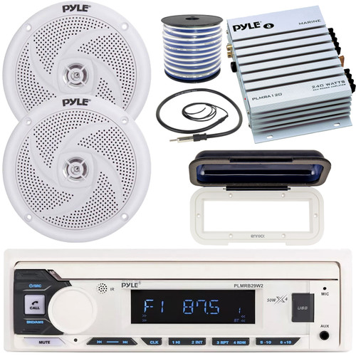 Pyle PLMRB29W2 Single DIN Marine Bluetooth USB/AUX MP3 Player AM/FM Radio Stereo Receiver w/White Cover, 2x 4" 100W Max Low Profile 2-Way Waterproof White Speakers, 2 Channel Amplifier, Antenna, Wire