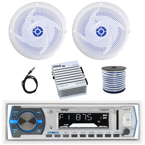 Pyle PLMRB29W Single DIN Marine Bluetooth USB/AUX MP3 Player AM/FM Radio Stereo In-Dash White Receiver, 2x 6'' 240W Max Power 2-Way Blue Flashing LED White Speakers, 2-Channel Amplifier, Wire, Antenna