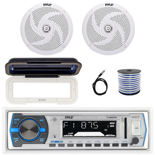 Pyle PLMRB29W Single DIN Marine Bluetooth USB/AUX MP3 Player AM/FM Radio Stereo In-Dash White Receiver W/White Cover, 2x 6'' 240W Max Low Profile 2-Way Boat White Speakers, Radio Antenna, Speaker Wire