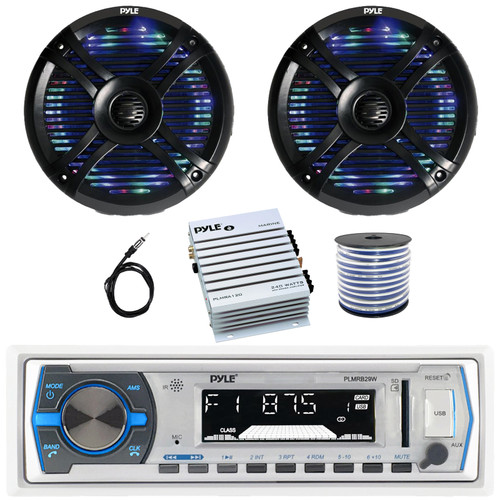 Pyle PLMRB29W Single DIN Marine Bluetooth USB/AUX MP3 Player AM/FM Radio Stereo In-Dash White Receiver, 2x 6.5" 250W Max Waterproof RGB LED Boat Black Dual Speakers, 2-Channel Amplifier, Antenna, Wire