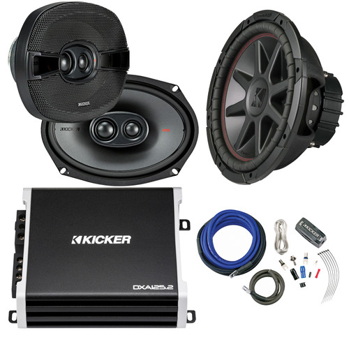 Kicker 12" CompVR 4 Ohm DVC Sub Subwoofer, 6x9" 3-Way 600 Watts Coaxial Speakers - Pair, DX 2 Channel 250 Watt Max Car Audio Amplifier, Amp Installation Kit