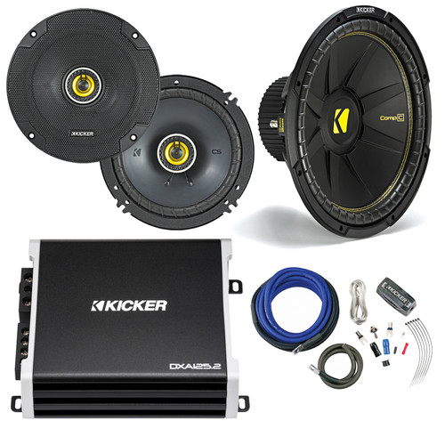 Kicker 15" CompC SVC 4 Ohm 1200W Max Car Stereo Subwoofer, 6.5" CS 300 Watts 2-Way Speakers, Kicker 2-Channel 250 Watt Max Car Audio Amplifier, Amp Installation Kit