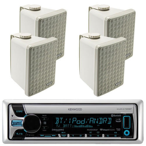 Kenwood KMRD772BT Marine Boat Yacht Outdoor CD MP3 USB AUX Bluetooth AM/FM Radio Receiver, Pair Of Kicker 46KB6G Gray Full Range Indoor/Outdoor Weather Resistant 6.5" Inch Marine Boat Enclosed Box Speakers