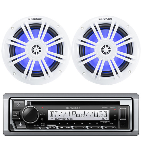 Kenwood KMR-D378BT Single-DIN Marine Bluetooth USB/AUX CD Player AM/FM SiriusXM Ready Receiver Bundle Combo One Pair (QTY 2) Of 6.5" 150W Max Power Full-Range Boat Coaxial Blue RGB LED Speakers