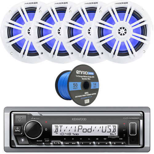 Kenwood KMR-M328BT Single-DIN Marine AM/FM USB/AUX Bluetooth Digital Media SiriusXM Ready Receiver Bundle Combo Two Pairs (QTY 4) Of 6.5" 150W Max Power Full-Range Coaxial Blue LED Speakers W/Wire
