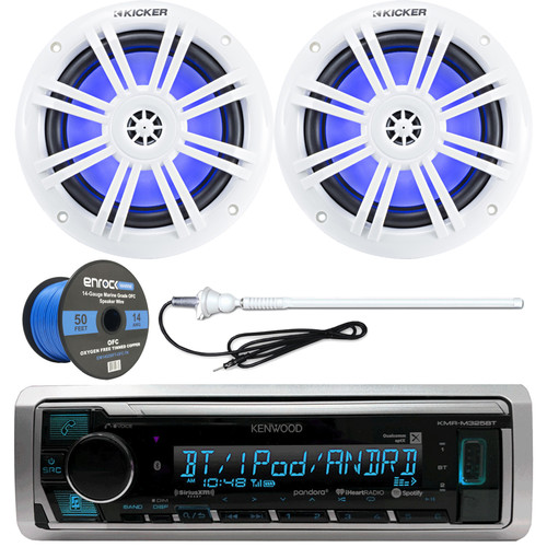 Kenwood Marine Digital Media Bluetooth USB AUX Spotify Ready Receiver, 2x Kicker 6.5" Coaxial Full-Range 150W Boat Speakers w/ Blue LED Lighting, Enrock Speaker Wire, Radio Antenna