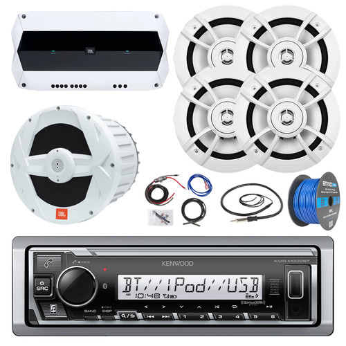 Kenwood KMR-M332BT Single DIN Marine USB Bluetooth AM/FM Stereo Digital Media Receiver, 4-Channel Amplifier w/Wiring Kit, 10" Subwoofer, 4x 6.5" 100 Watt Peak 2-Way Boat Audio Speakers w/Wire, Antenna