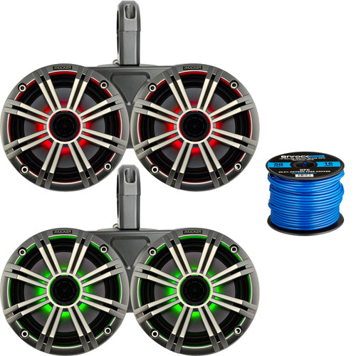 4 x Kicker 6.5" OEM Replacement 150W Coaxial 2-Way MultiColor LED Speakers (Silver Grilles) with Weather-Proof Black Twin Tower Enclosures, Enrock 50 Foot 16-Gauge Speaker Wire