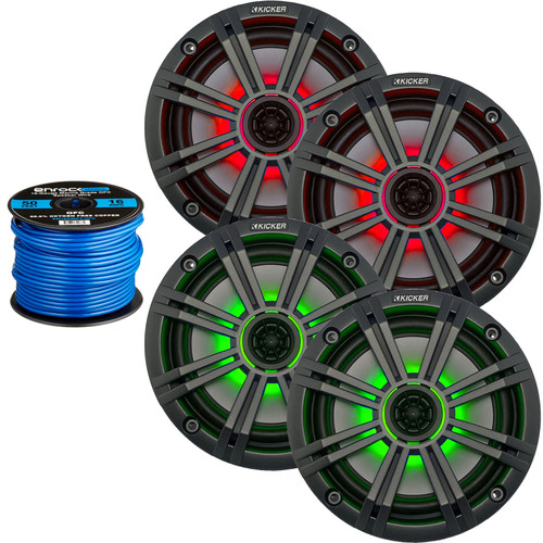2 Pairs (4 Speakers Total) of Kicker 6.5" OEM Replacement 150W Marine Coaxial 2-Way Speakers (Charcoal Grilles) w/ MultiColor LED Lighting Capability, Enrock 16-Gauge Speaker Wire