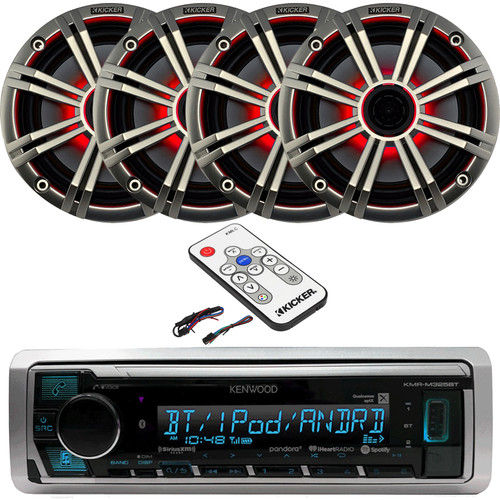Kenwood Marine Digital Media Bluetooth USB AUX Receiver (No CD), 4 x Kicker 6.5" OEM Replacement 150W Coaxial 2-Way MultiColor LED Speakers (Silver Grilles), LED Remote Control