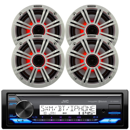 JVC KD-X38MBS Single DIN Marine Bluetooth MotorSports USB/AUX LED Illumination AM/FM Radio SiriusXM Ready Stereo Receiver, 4x 6.5" 195W Max Power 4 Ohm RGB LED Coaxial Speakers, 4x 6.5" White Grilles