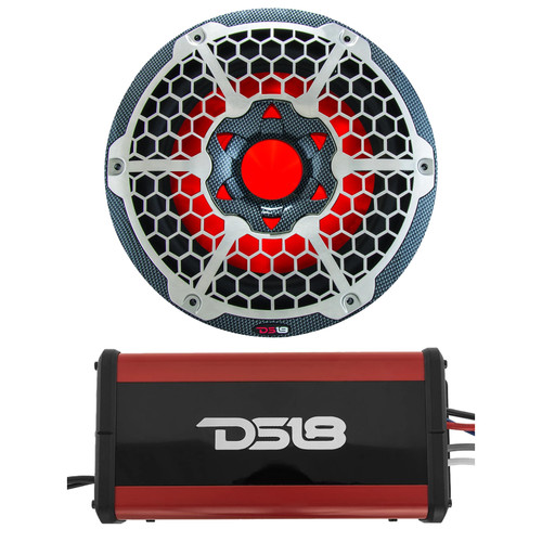 10" Hydro Marine Weatherproof Subwoofer w/ Integrated RGB LED Multicolor Lights (Black Carbon Fiber), Nano Digital Marine 1-Channel Monoblock 600 Watts Amplifier