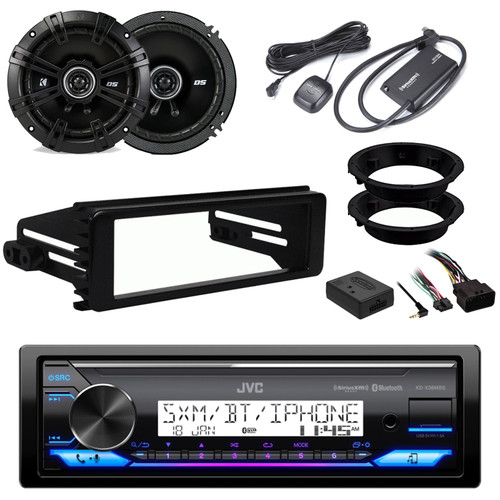 JVC KD-X38MBS Single DIN Marine Bluetooth AM/FM Stereo Receiver, Satellite Radio Tuner, 2x 6.5" 240W Car Speakers, Adapters, Handlebar Control + Stereo Install Kit for select 98-23 Harley Motorcycles