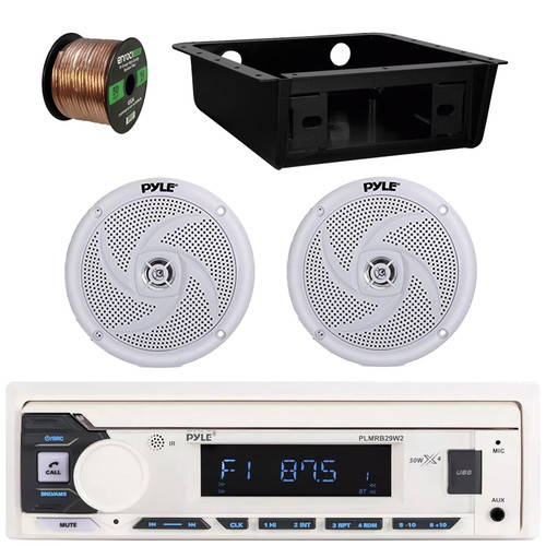 Pyle PLMRB29W2 Single DIN Marine Bluetooth USB/AUX MP3 Player AM/FM Radio Stereo Receiver w/Install Kit, 2x 5.25" 180W Max 2-Way Waterproof Low Profile Slim Style White Boat Speakers, Speaker Wire