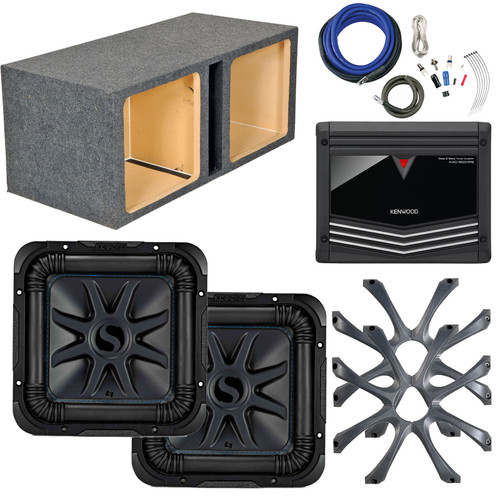 2x Kicker L7S Solo-Baric 10 Inch 1200 Watt 4 Ohm DVC Square Subwoofer, Dual Vented Ported Sub Enclosure Box, 2x Aluminum Grille, Kenwood Monoblock 1-Channel 1,000 Watt Amplifier, 4 Gauge Amp Install Kit