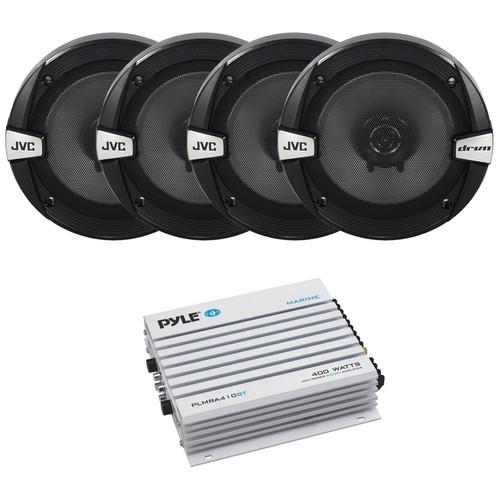JVC CS-DR162 drvn DR Series 6.5" 300 Watt Max Power 2-Way Coaxial Car Speakers (QTY 4), Pyle Elite Series 4 Channel 400 Watt Max Waterproof Bluetooth Amplifier