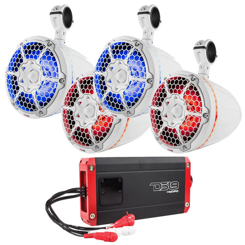 DS18 10" 900 Watts Marine Wakeboard Tower Speaker w/ Built in Tweeter - 2 Pairs (White), DS18 HYDRO Full Range Digital Marine 4-Channel Amplifier 800 Watts