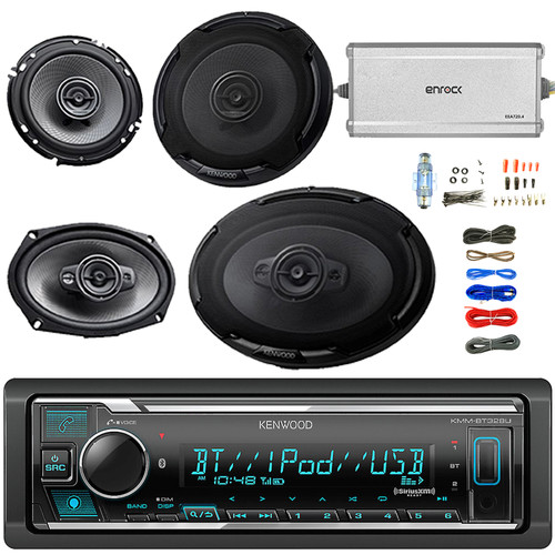 Kenwood Single DIN Bluetooth SiriusXM Ready Digital Media Car Stereo Receiver, 6x9 4-Way 600W Peak Power Car Audio Speakers, 6.5" 2-Way 320 Watt Speakers, 4-Channel Amplifier, 8 Gauge Amp Wiring Kit