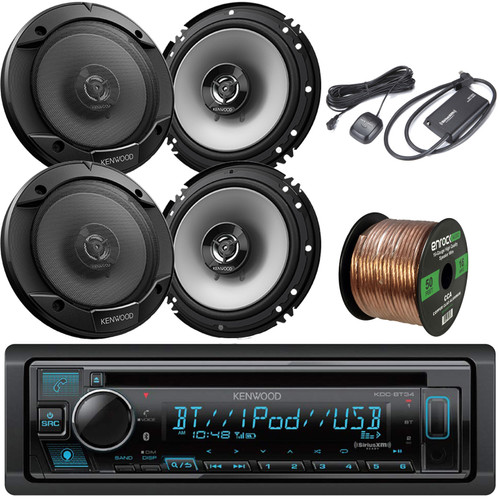 Kenwood Single DIN InDash Built-In Bluetooth USB AUX AM/FM Stereo Receiver, Kenwood 6.5" 2-Way 300 Watts Car Audio Speakers - 2 Pairs, 16 Gauge Speaker Wire, SiriusXM Satellite Radio Tuner