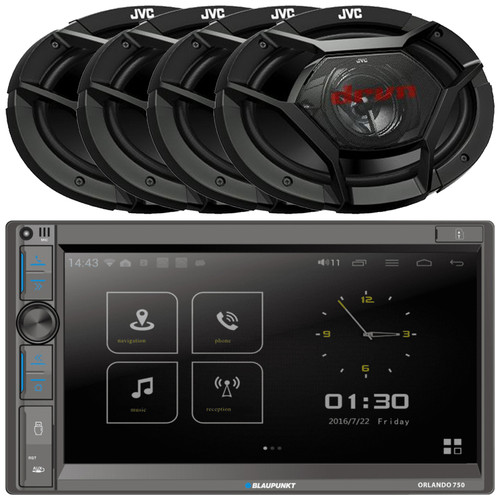 Blaupunkt Orlando 750 6.9" Touchscreen Double DIN Bluetooth USB AM/FM Radio Car Audio Receiver, 4x JVC CS-DR6931 DRVN Series 6x9" 500 Watt Max Power 3-Way Coaxial Automotive Speakers