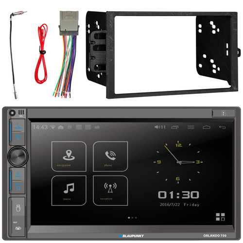 Blaupunkt Orlando 750 6.9" Touchscreen Double DIN Bluetooth USB AM/FM Radio Car Audio Receiver, Double DIN Installation Dash Kit, Wiring Harness, Antenna Adapter (Fits 2000-2012 GM Car Vehicles)