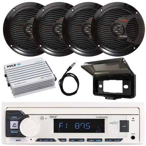 Pyle PLMRB29W2 Single DIN Marine Bluetooth USB/AUX MP3 Player AM/FM Radio Stereo Receiver w/Black Cover, 4x 6.5" 150W Max Full Range Dual Cone Black Boat Speakers, 4-Channel Amplifier, Radio Antenna