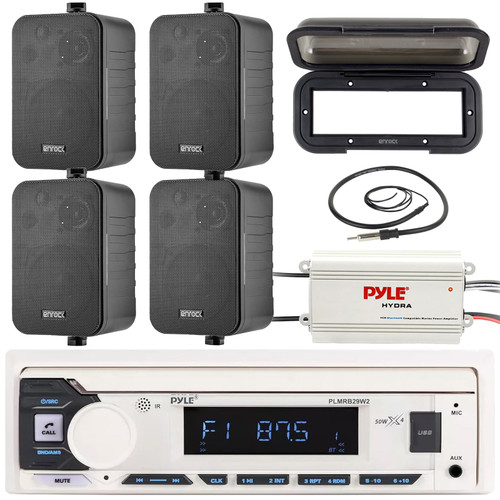 Pyle PLMRB29W2 Single DIN Marine Bluetooth USB/AUX MP3 Player AM/FM Radio Stereo Receiver w/Black Cover, 4x 4" 30 Watt Max Power 3-Way Indoor/Outdoor Black Speakers, 4-Channel Amplifier, Radio Antenna