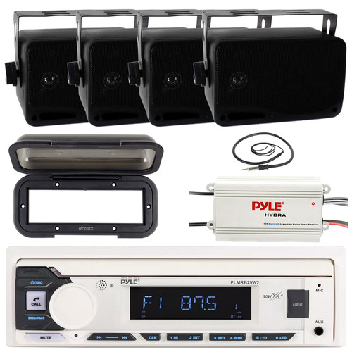 Pyle PLMRB29W2 Single DIN Marine Bluetooth USB/AUX MP3 Player AM/FM Radio Stereo Receiver w/Black Cover, 4x 3.5" 200W Max Power 3-Way Indoor/Outdoor Black Speakers, 4-Channel Amplifier, Radio Antenna