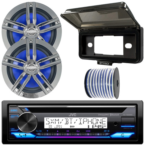 JVC KD-T92MBS Single DIN Marine MotorSports Bluetooth USB/AUX CD Player AM/FM Radio Stereo Receiver W/Black Cover, 2x 6.5" 180W Max 2-Way High-Performance Boat Charcoal Speakers, 50 Feet Speaker Wire