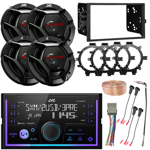 JVC KW-X855BTS Double DIN Bluetooth USB AM/FM Radio Digital Media Stereo Receiver w/Install Kit, 4x 6.5" 300W Speakers w/Adapters, Wiring Harness, Antenna Adapter, Speaker Wire Harness, Speaker Wire