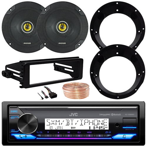 JVC KD-X38MBS Single DIN Marine Motorsports Bluetooth USB/AUX LED AM/FM Radio Stereo SiriusXM Ready Receiver W/Install Kit, 2x 6.5" 300W Max 2-Way Coaxial Speakers W/Adapters, Speaker Wire (1998-2013)