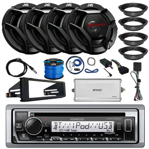 Kenwood KMR-D382BT Single DIN Marine Bluetooth CD Stereo Receiver, 4x 6.5" 300W 2-Way Audio Speakers w/Wire, Adapters, Amplifier w/Kit, Handlebar Control Kit, Antenna, 98-2013 Harley Radio Install Kit