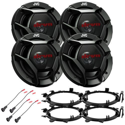 Two Pairs (Qty 4) of JVC CS-DR621 drvn DR Series 6.5" 300 Watts Max Power 2-Way Coaxial Speakers, 2x Speaker Wire Harness, 2x 5.25" or 6.5" Speaker Mounting Bracket Adaptor (1995-2009 GM Vehicles)