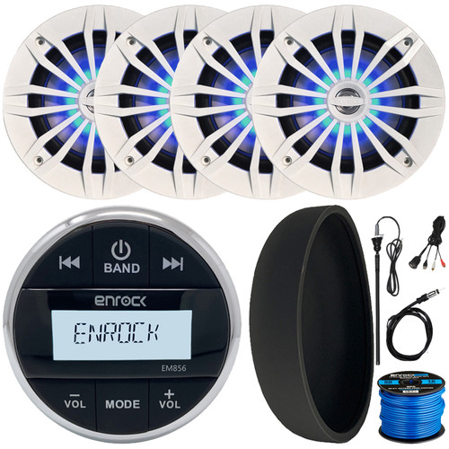 Enrock EM856 Marine Bluetooth USB/AXU AM/FM Weather-Resistant Gauge Style Digital Media Receiver w/Black Cover, 4x 6.5" 180W Max Blue LED Speakers, USB Adapters, Long Range Antenna, 40" Antenna, Wire