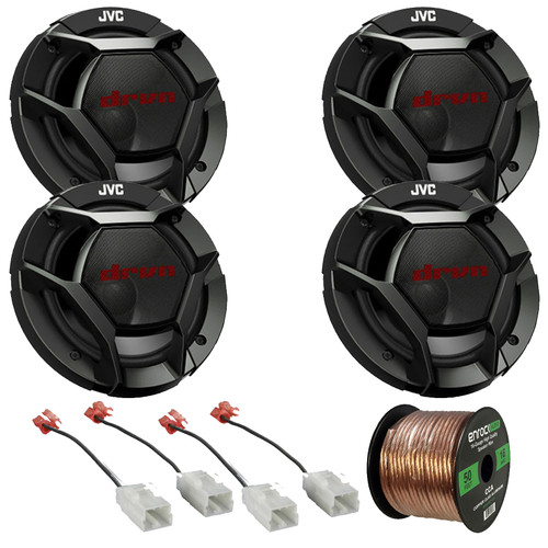 Two Pairs (QTY 4) Of JVC CS-DR601C drvn DR Series 6.5" 360 Watts Max Power 2-Way Car Audio Component Speakers, 50 Feet 16 Gauge Speaker Wire, Speaker Harness for Select Chrysler/Dodge Vehicles