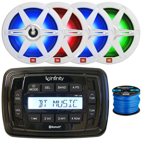 Infinity PRV250 Marine Bluetooth USB/AUX AM/FM Radio Digital Media Stereo Receiver, 4x 8" 450W Max Power 2-Way High-Performance RGB LED Boat Speakers w/White & Gray Grilles, Speaker Wire