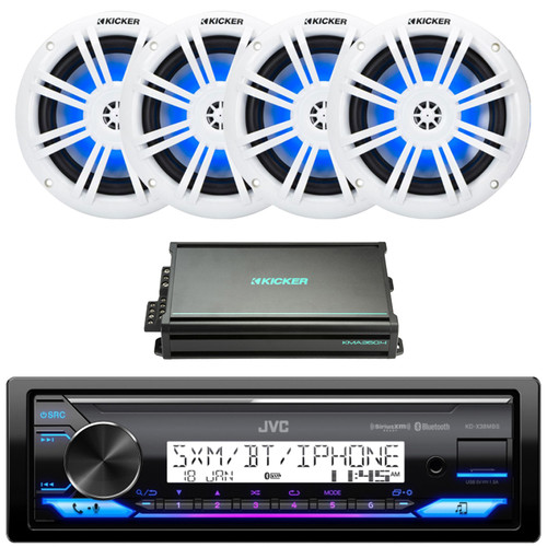 JVC KD-X38MBS Single DIN Marine Bluetooth USB AM/FM Stereo Receiver, 6.5" 150 Watt Max Blue Flashing LED Boat Audio White Speakers (Qty 4), 4-Channel Weather-Resistant Full-Range Amplifier