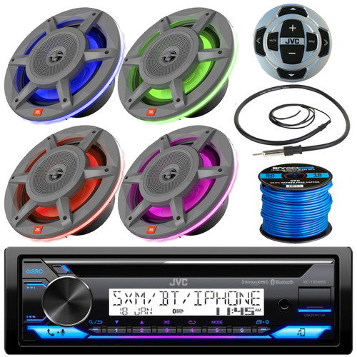 JVC KD-T92MBS Single-DIN Marine Bluetooth MotorSports USB/AUX CD Player AM/FM Stereo Receiver W/Wired Remote, 4x 8" 500W Max Power 3-Way Gray Boat RGB LED Speakers, Radio Antenna, Speaker Wire