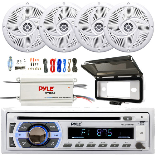 Pyle PLCD43MRB Single DIN Marine Bluetooth USB/AUX MP3 Player AM/FM Radio In-Dash Head Unit Stereo Receiver W/White Cover, 4x 4" 100W Max Low Profile 2-Way White Speakers, 4-Channel Amplifier W/Kit